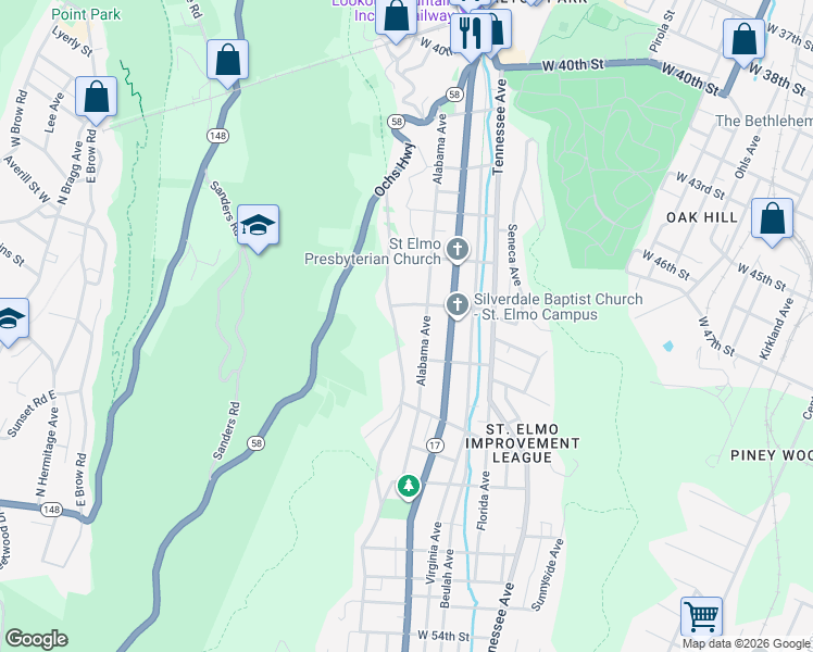 map of restaurants, bars, coffee shops, grocery stores, and more near 4523 Alabama Avenue in Chattanooga