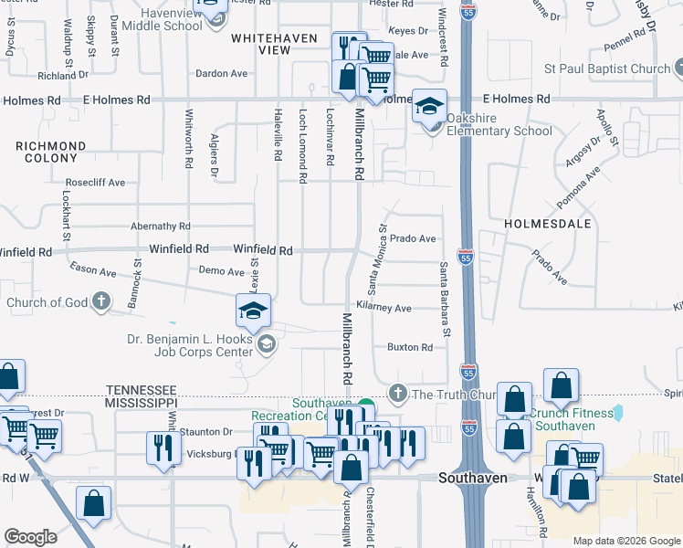 map of restaurants, bars, coffee shops, grocery stores, and more near 5456 Lochinvar Road in Memphis