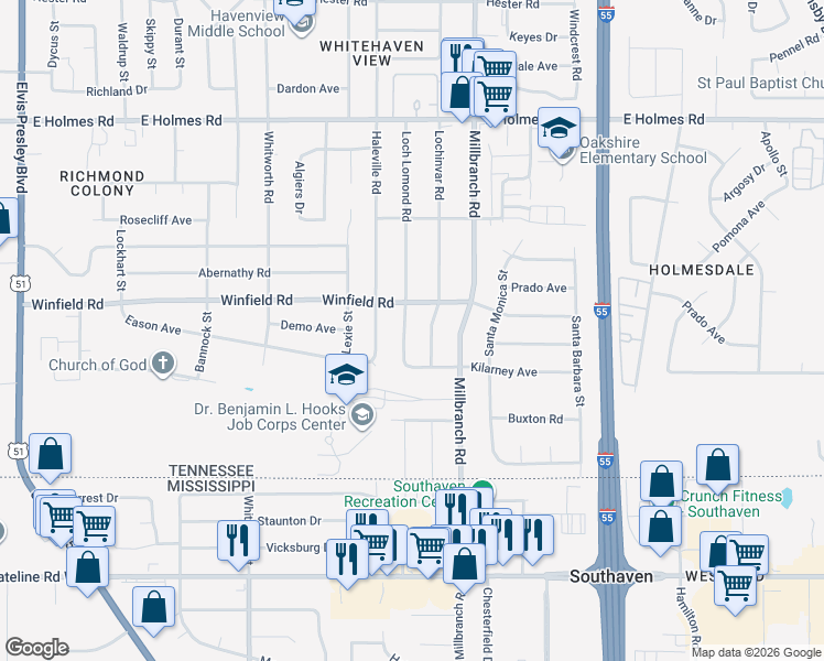 map of restaurants, bars, coffee shops, grocery stores, and more near 545 Kilarney Avenue in Memphis
