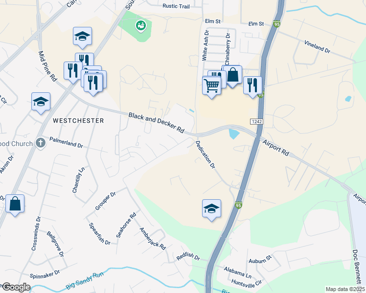 map of restaurants, bars, coffee shops, grocery stores, and more near 2813 Peacock Street in Hope Mills