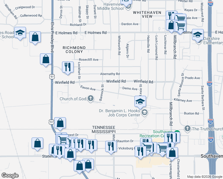 map of restaurants, bars, coffee shops, grocery stores, and more near 1416 Eason Avenue in Memphis