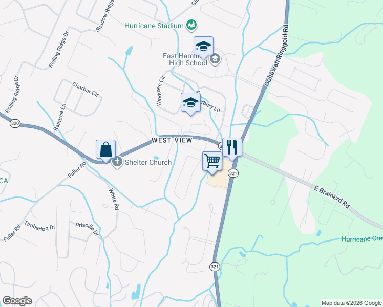 map of restaurants, bars, coffee shops, grocery stores, and more near 9648 East Brainerd Road in Chattanooga