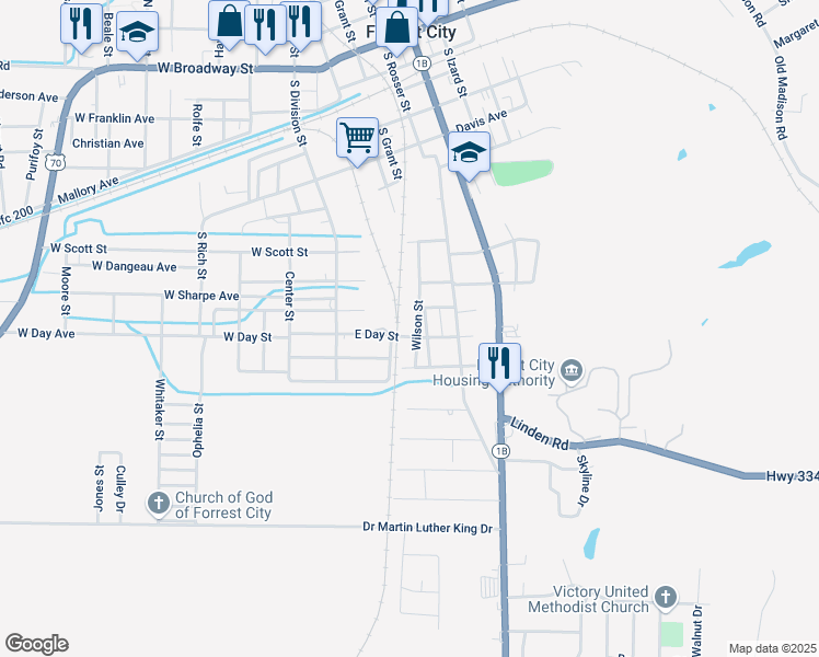 map of restaurants, bars, coffee shops, grocery stores, and more near 146 East Day Street in Forrest City
