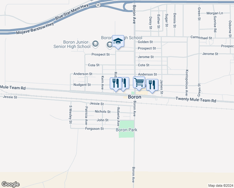 map of restaurants, bars, coffee shops, grocery stores, and more near 20 Mule Team Road in Boron