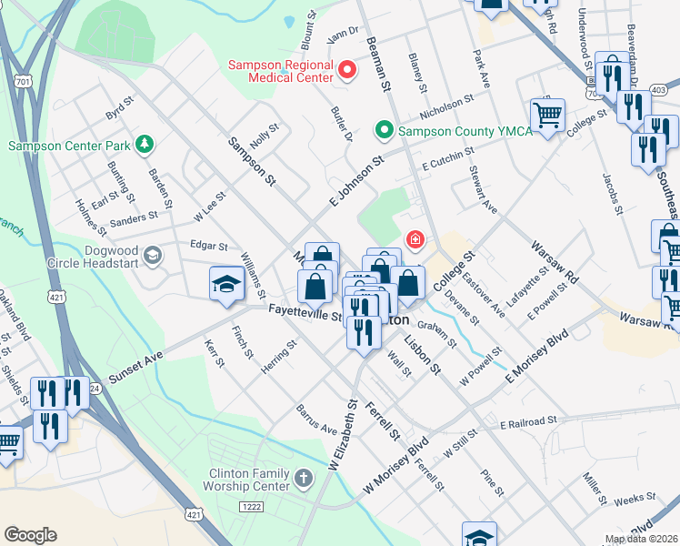 map of restaurants, bars, coffee shops, grocery stores, and more near 108 East Faison Street in Clinton