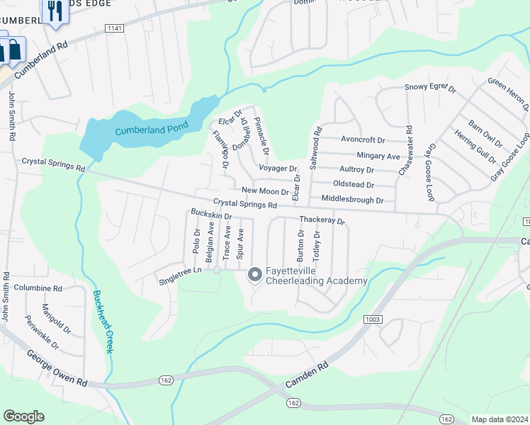 map of restaurants, bars, coffee shops, grocery stores, and more near 2900 Thymus Court in Fayetteville