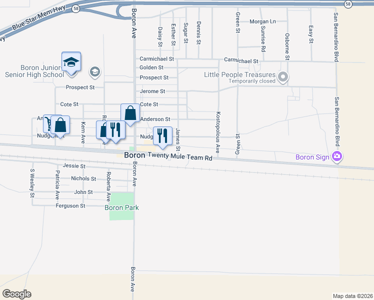 map of restaurants, bars, coffee shops, grocery stores, and more near 27226 Twenty Mule Team Road in Boron