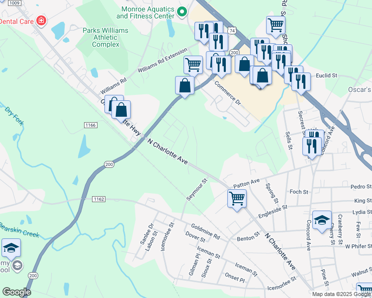 map of restaurants, bars, coffee shops, grocery stores, and more near 1804 North Charlotte Avenue in Monroe