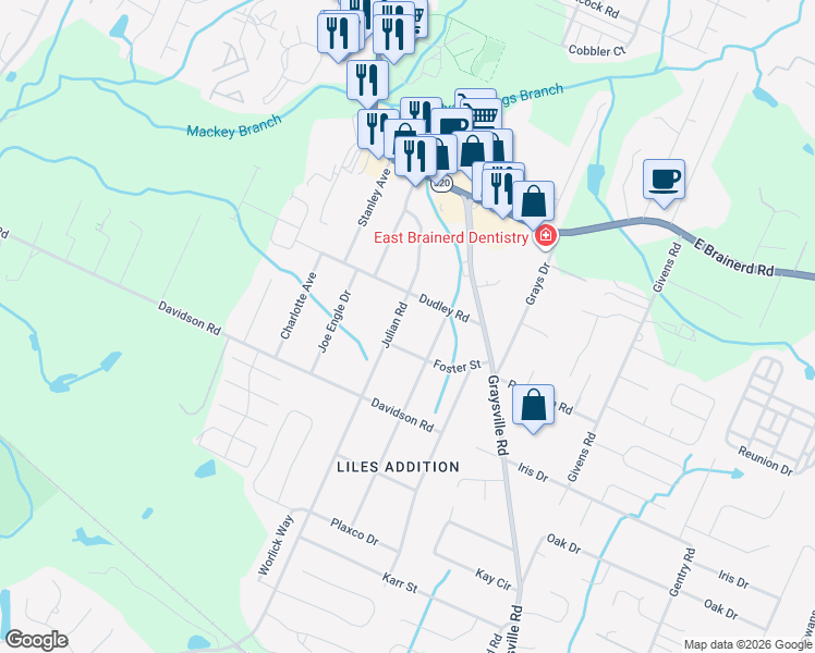 map of restaurants, bars, coffee shops, grocery stores, and more near 958 Julian Road in Chattanooga