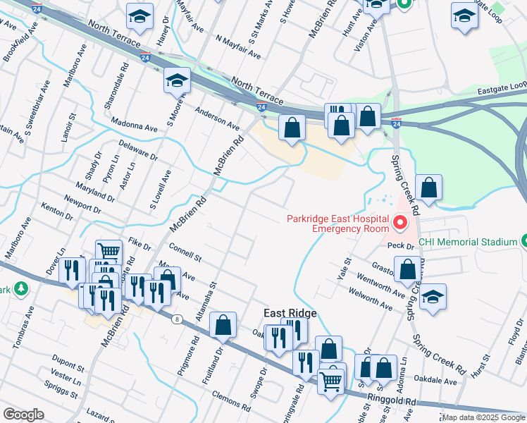 map of restaurants, bars, coffee shops, grocery stores, and more near 5417 Weaver Street in Chattanooga