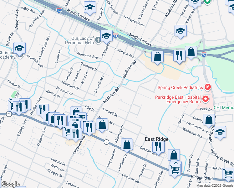 map of restaurants, bars, coffee shops, grocery stores, and more near 1118 Mcbrien Road in East Ridge