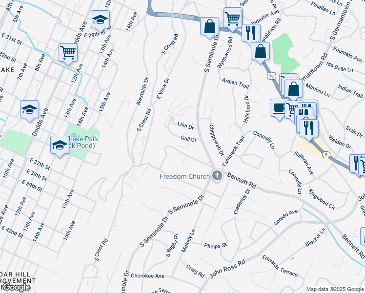 map of restaurants, bars, coffee shops, grocery stores, and more near 3412 Betty Lane in East Ridge