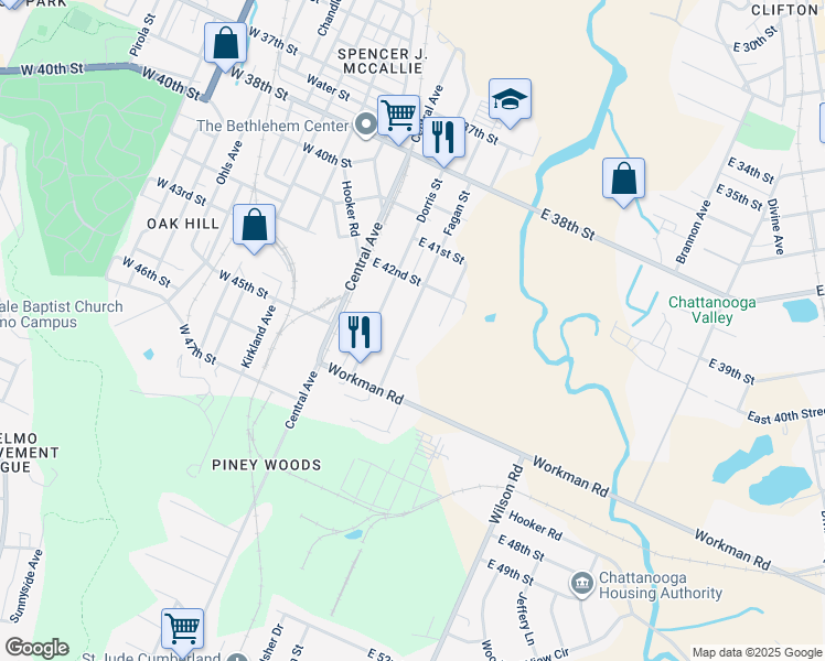 map of restaurants, bars, coffee shops, grocery stores, and more near 4421 Fagan Street in Chattanooga