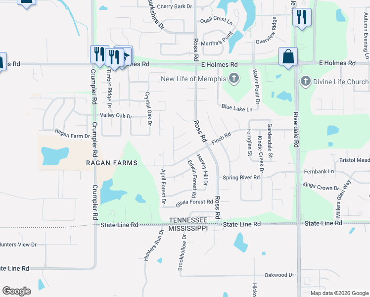 map of restaurants, bars, coffee shops, grocery stores, and more near 6659 Autumn Wood Cove in Memphis