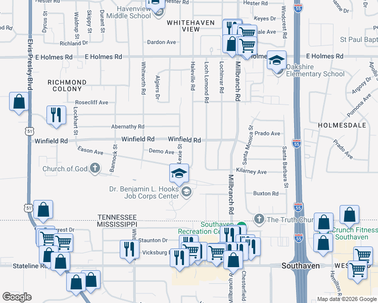 map of restaurants, bars, coffee shops, grocery stores, and more near 5451 Haleville Road in Memphis