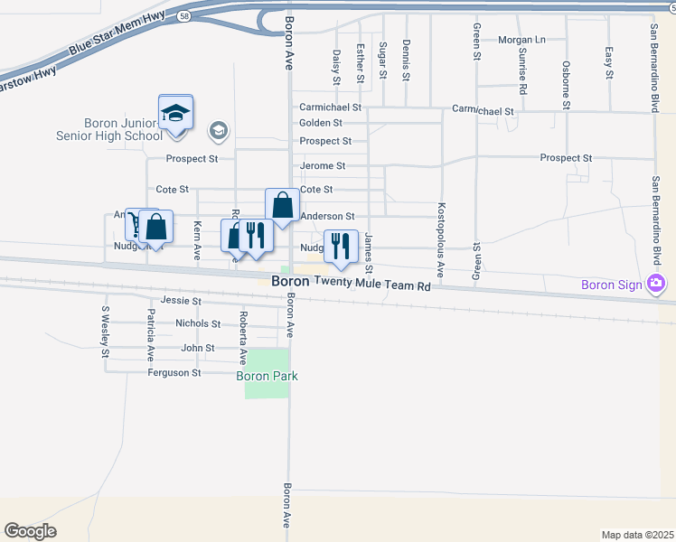 map of restaurants, bars, coffee shops, grocery stores, and more near 27157 Twenty Mule Team Road in Boron