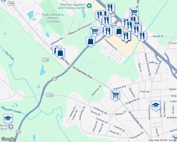 map of restaurants, bars, coffee shops, grocery stores, and more near 1819 North Charlotte Avenue in Monroe