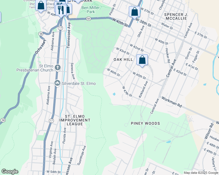 map of restaurants, bars, coffee shops, grocery stores, and more near 4800 Oakland Avenue in Chattanooga
