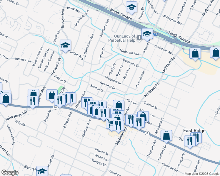 map of restaurants, bars, coffee shops, grocery stores, and more near 5006 Newport Drive in Chattanooga