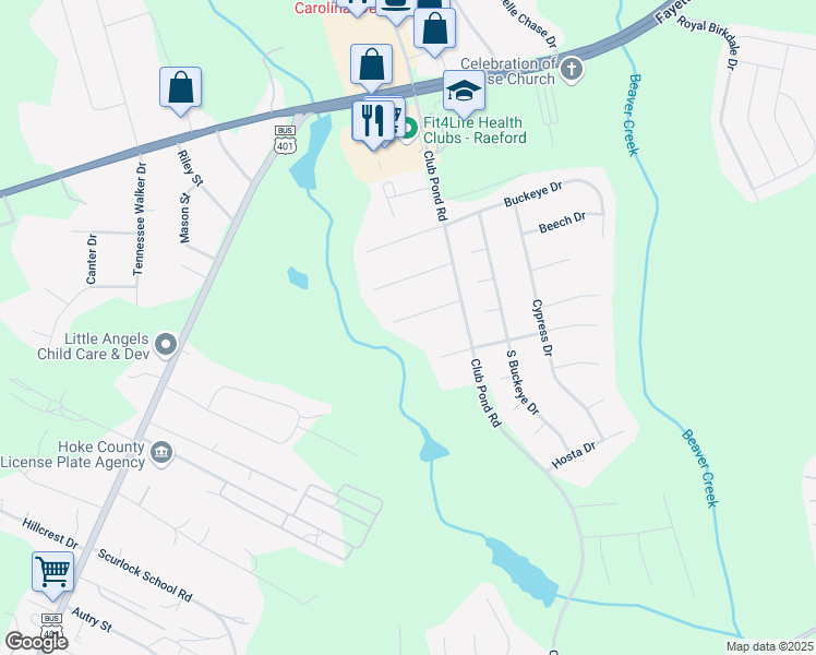 map of restaurants, bars, coffee shops, grocery stores, and more near 205 Rye Lane in Raeford