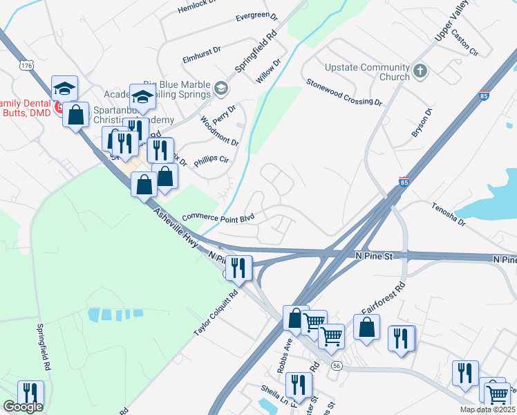 map of restaurants, bars, coffee shops, grocery stores, and more near 390 Still Water Circle in Boiling Springs