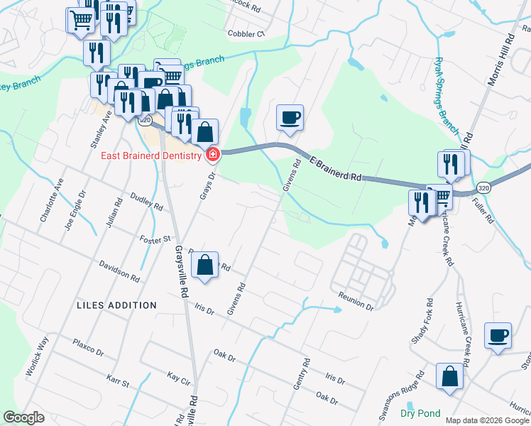 map of restaurants, bars, coffee shops, grocery stores, and more near 1046 Givens Road in Chattanooga