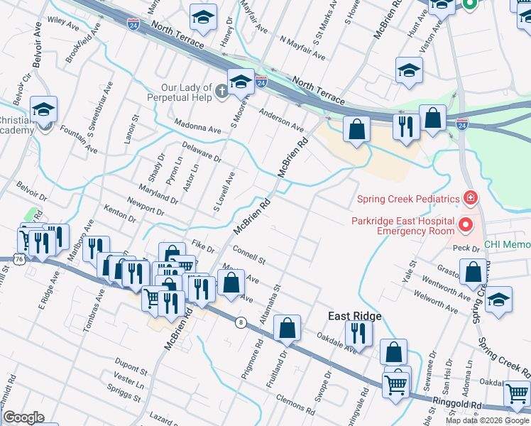 map of restaurants, bars, coffee shops, grocery stores, and more near 1118 Mcbrien Road in East Ridge