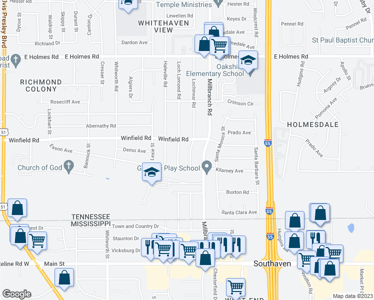map of restaurants, bars, coffee shops, grocery stores, and more near 5443 Lochinvar Road in Memphis