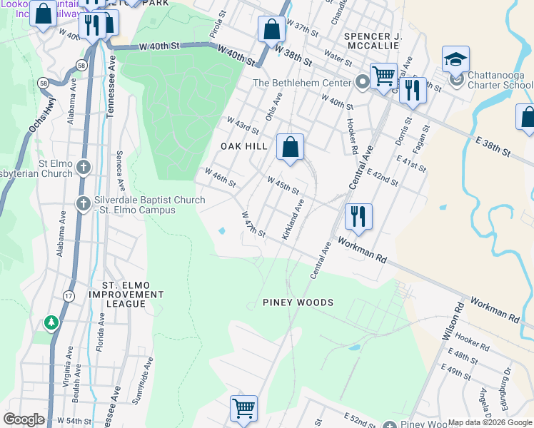 map of restaurants, bars, coffee shops, grocery stores, and more near 4607 Highland Avenue in Chattanooga