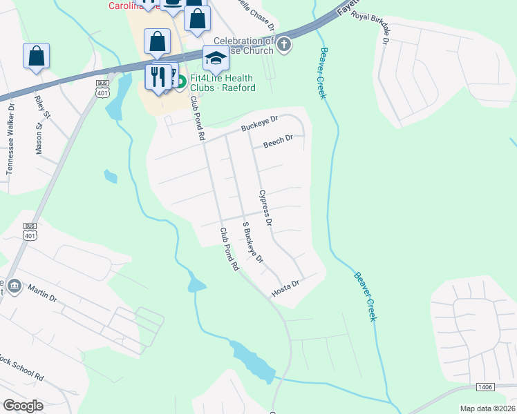map of restaurants, bars, coffee shops, grocery stores, and more near 205 Hawthorn Drive in Raeford