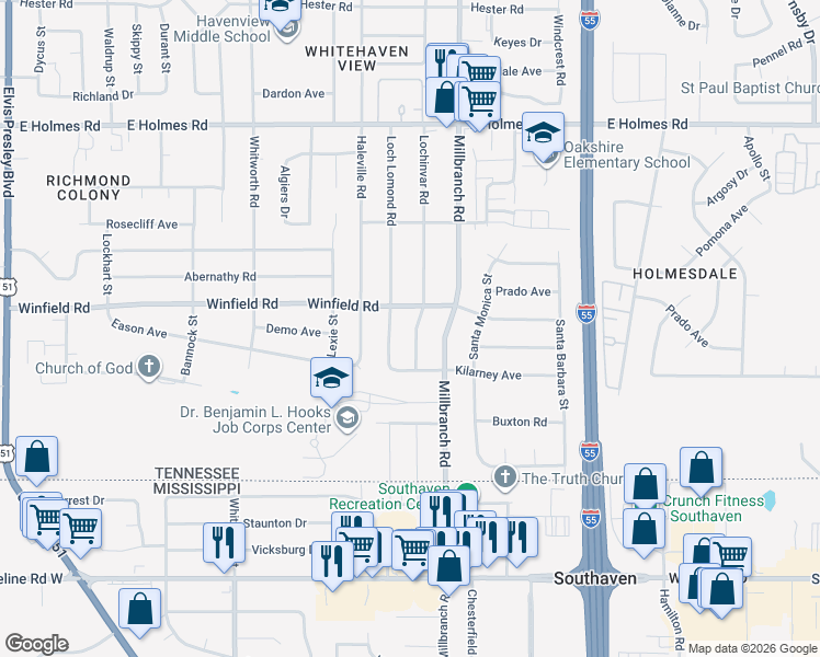 map of restaurants, bars, coffee shops, grocery stores, and more near 5456 Lochinvar Road in Memphis