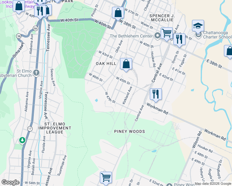 map of restaurants, bars, coffee shops, grocery stores, and more near 4618 Highland Avenue in Chattanooga