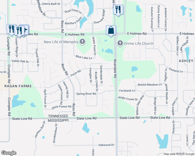 map of restaurants, bars, coffee shops, grocery stores, and more near 5451 Gardendale Street in Memphis