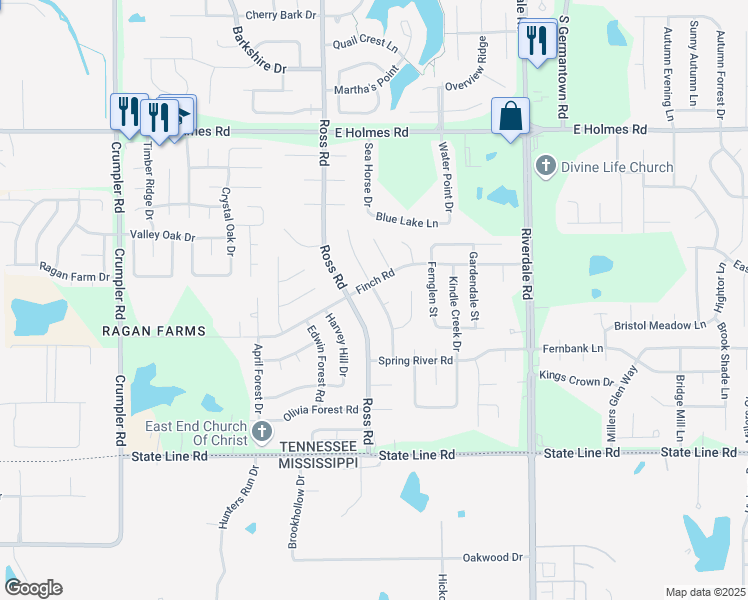 map of restaurants, bars, coffee shops, grocery stores, and more near 5435 Stephen Forest Road in Memphis