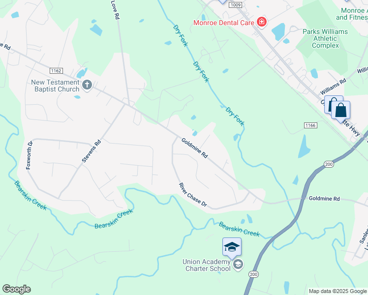 map of restaurants, bars, coffee shops, grocery stores, and more near 2448 Hunters Way in Monroe