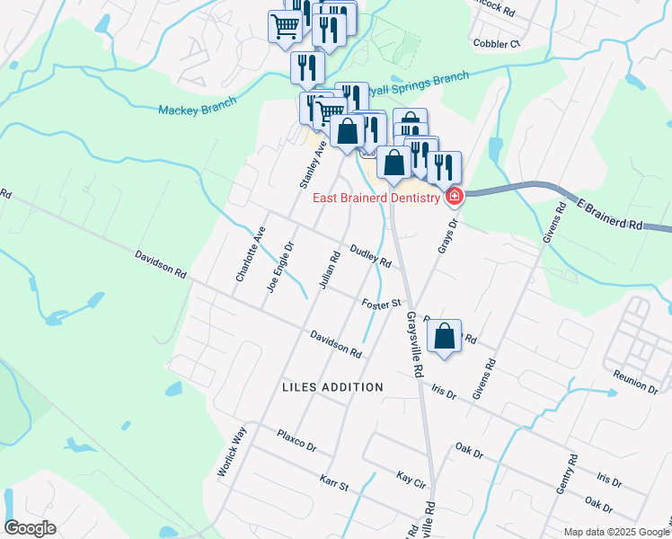 map of restaurants, bars, coffee shops, grocery stores, and more near 972 Julian Road in Chattanooga
