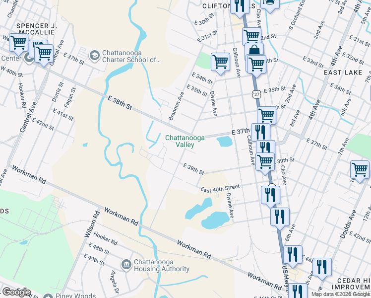 map of restaurants, bars, coffee shops, grocery stores, and more near 1201 East 38th Street in Chattanooga