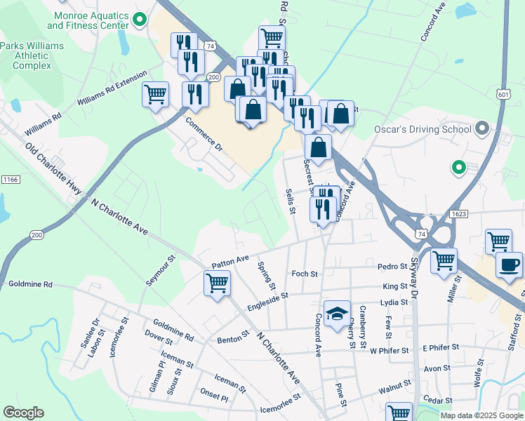 map of restaurants, bars, coffee shops, grocery stores, and more near 1617 Sells Street in Monroe