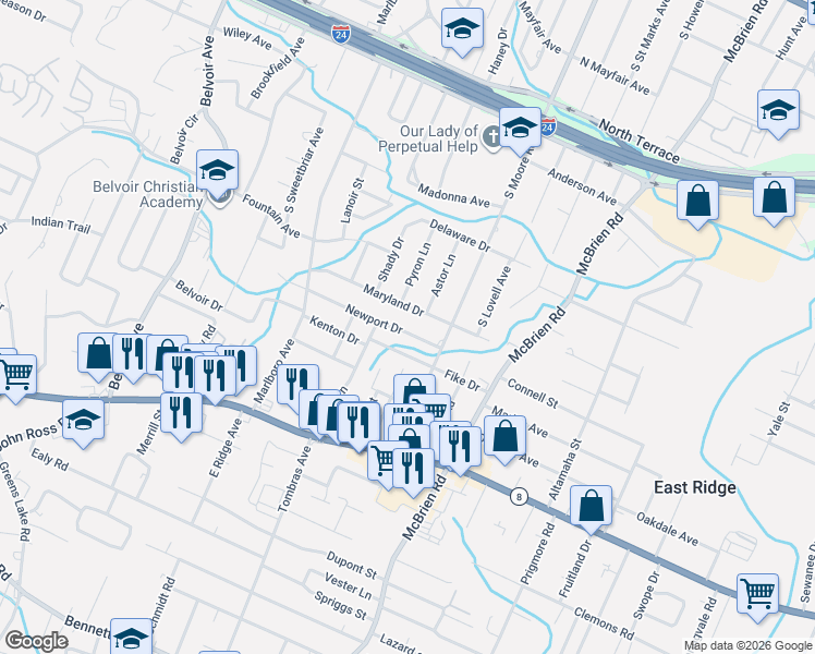 map of restaurants, bars, coffee shops, grocery stores, and more near 4807 Fike Drive in Chattanooga