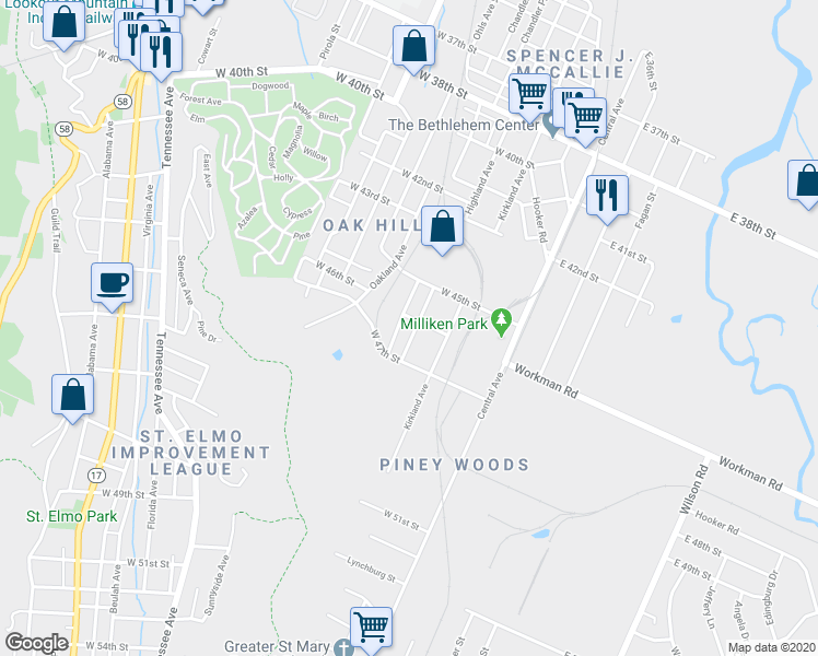 map of restaurants, bars, coffee shops, grocery stores, and more near 4618 Highland Avenue in Chattanooga