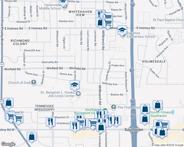 map of restaurants, bars, coffee shops, grocery stores, and more near 5456 Lochinvar Road in Memphis