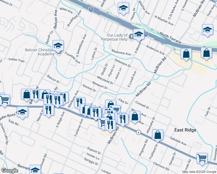 map of restaurants, bars, coffee shops, grocery stores, and more near 4807 Fike Drive in Chattanooga