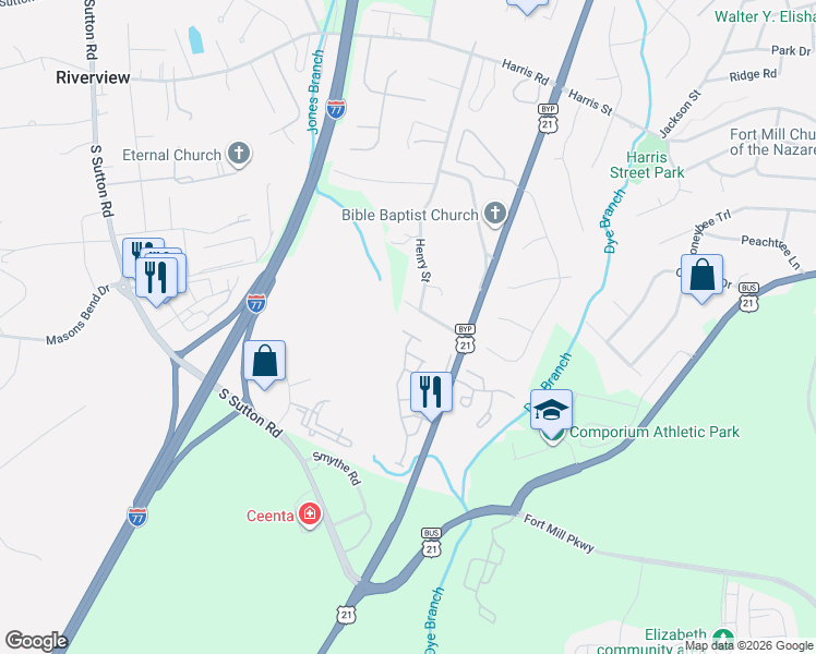 map of restaurants, bars, coffee shops, grocery stores, and more near 535 Delta Drive in Fort Mill