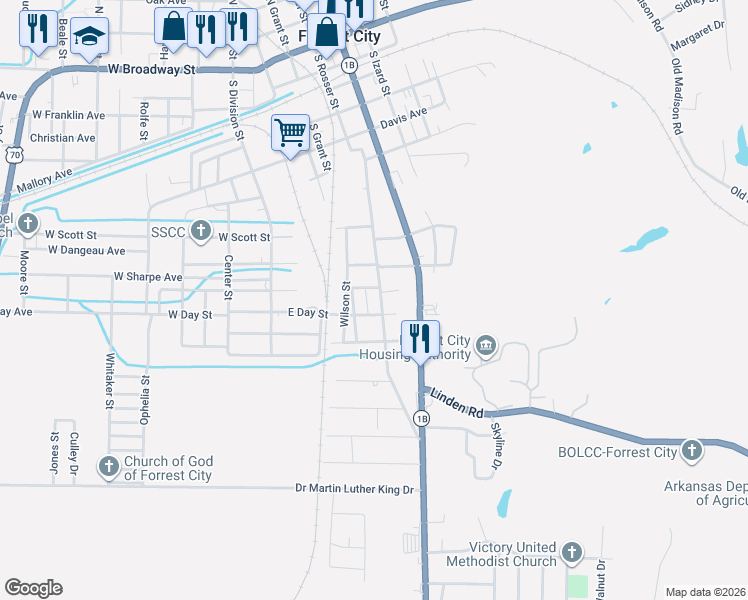 map of restaurants, bars, coffee shops, grocery stores, and more near 1031 Pershing Street in Forrest City