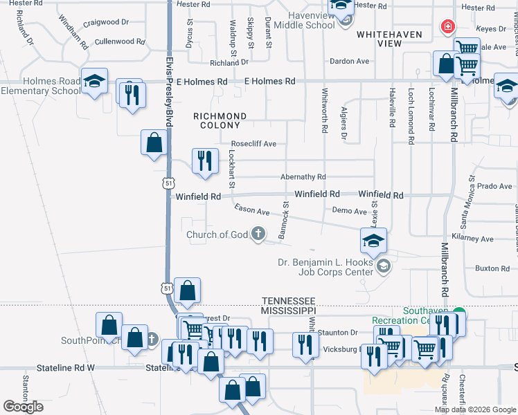 map of restaurants, bars, coffee shops, grocery stores, and more near 1324 Eason Avenue in Memphis
