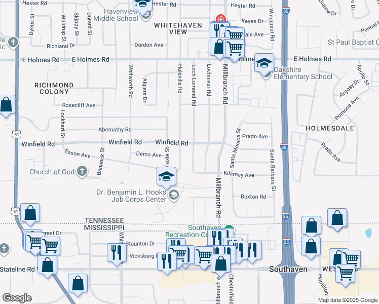 map of restaurants, bars, coffee shops, grocery stores, and more near 5439 Loch Lomond Road in Memphis