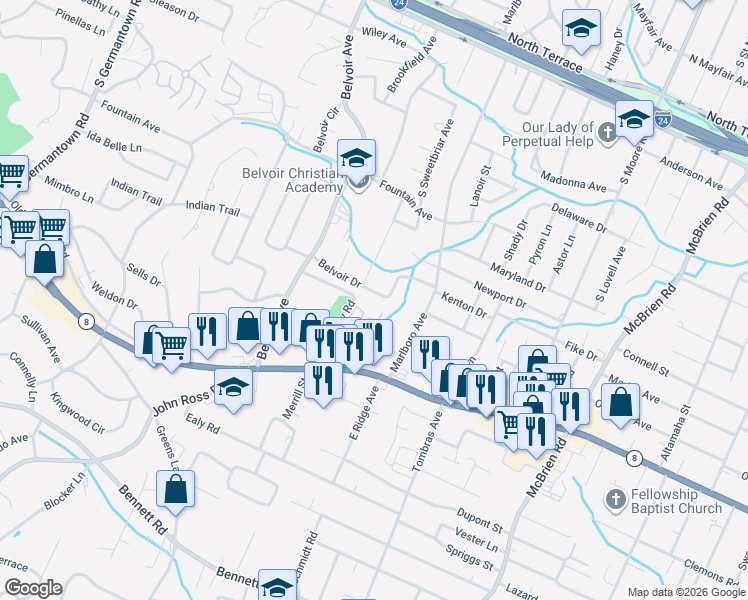 map of restaurants, bars, coffee shops, grocery stores, and more near 4210 Belvoir Drive in Chattanooga