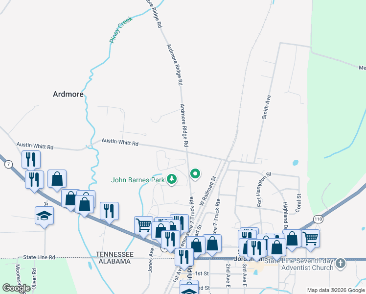 map of restaurants, bars, coffee shops, grocery stores, and more near 26454 Austin Whitt Road in Ardmore