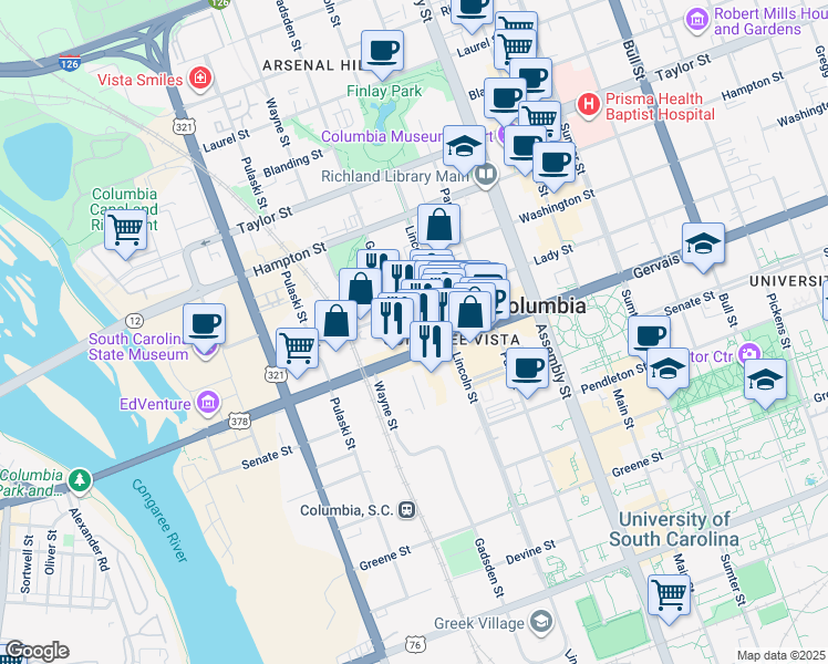 map of restaurants, bars, coffee shops, grocery stores, and more near in Columbia