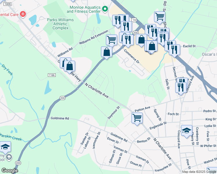 map of restaurants, bars, coffee shops, grocery stores, and more near 1804 North Charlotte Avenue in Monroe